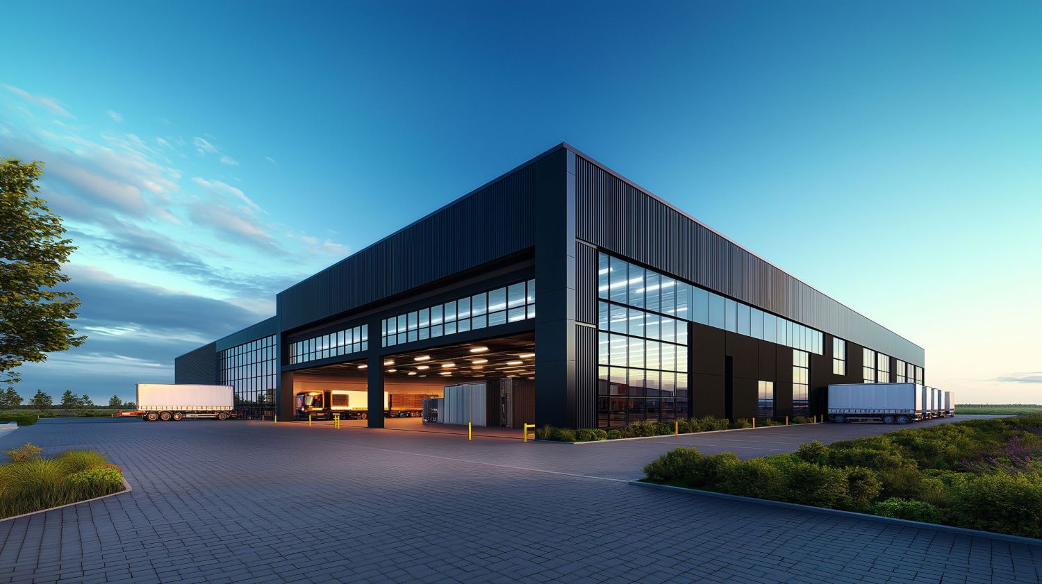 modern warehouse exterior featuring large glass windows and sleek design, surrounded by greenery and clear blue sky, evokes sense of innovation and efficiency v2